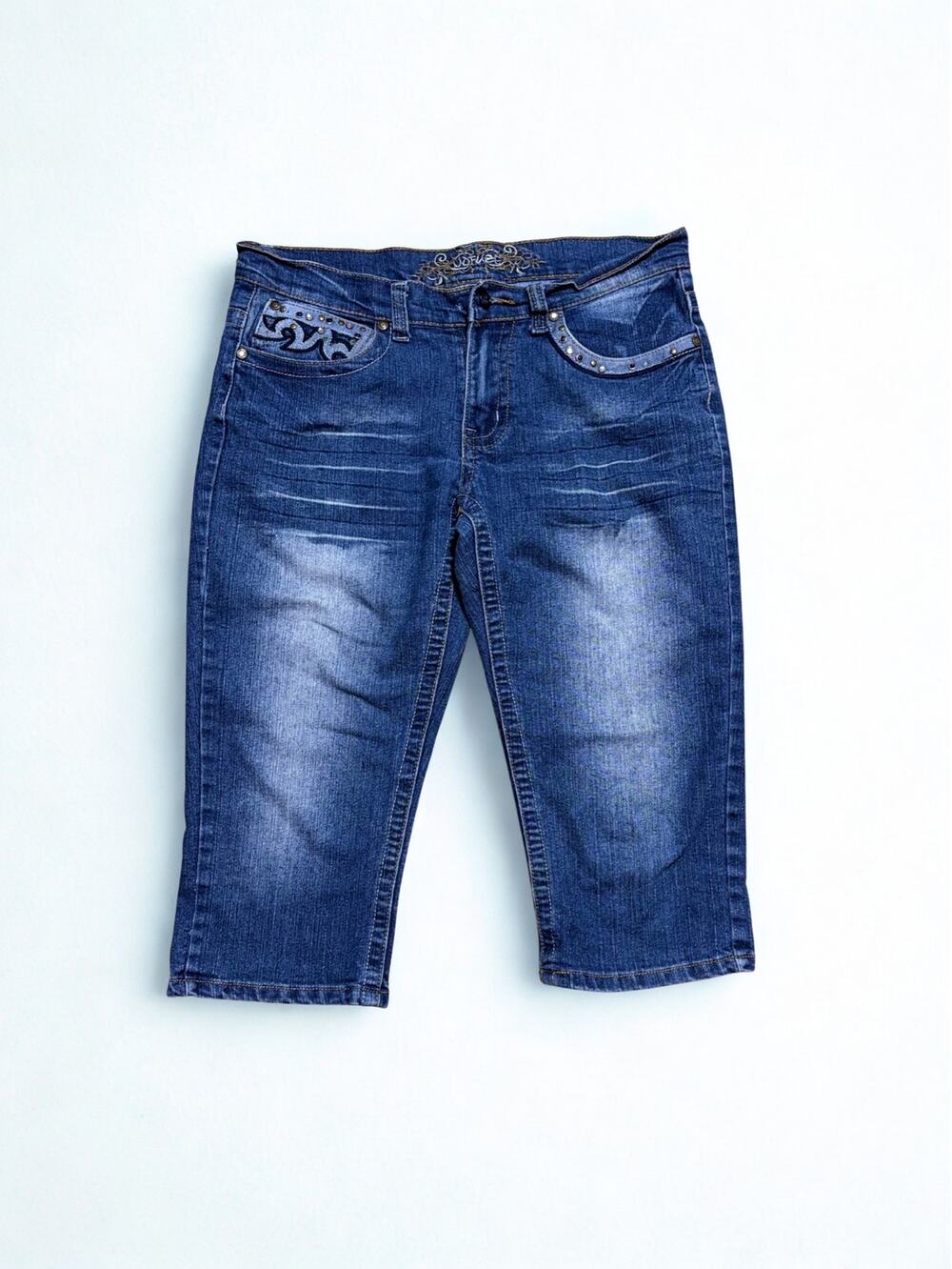 Vtg Y2K No Fuze Denim Capri Bermuda Shorts Bedazzling Contrast Embroidery